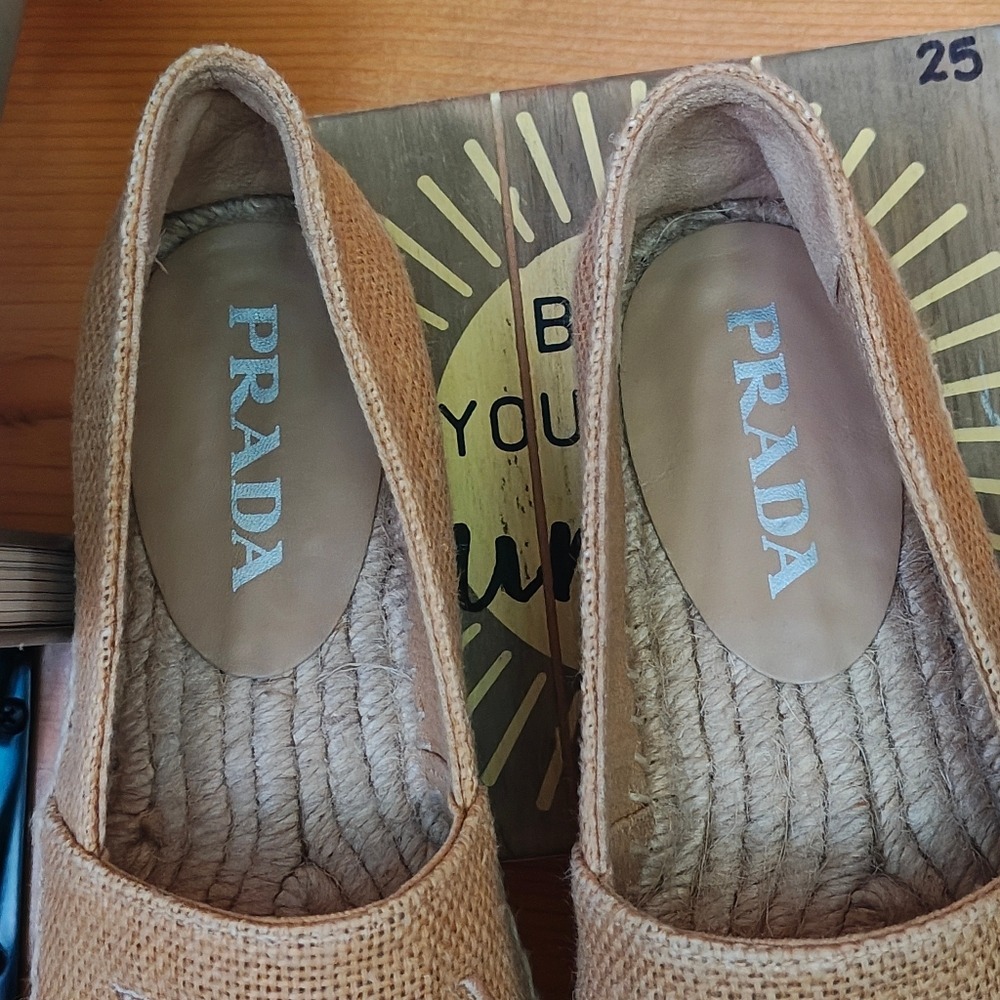 Prada Milano Embroidered Tan Jute Linen Burlap Shoe Espadrille Flats EUC Sz 36/6 - Picture 7 of 13
